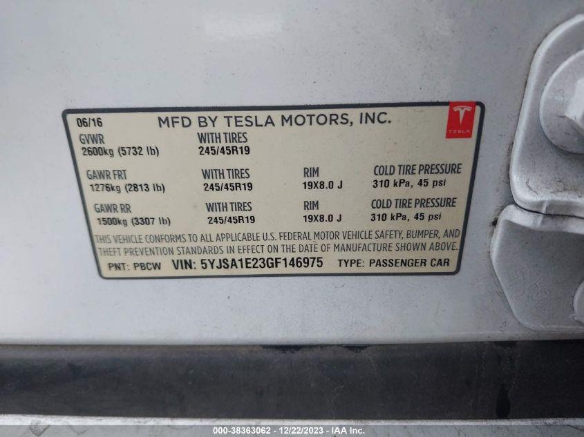 2016 TESLA MODEL S - 5YJSA1E23GF146975