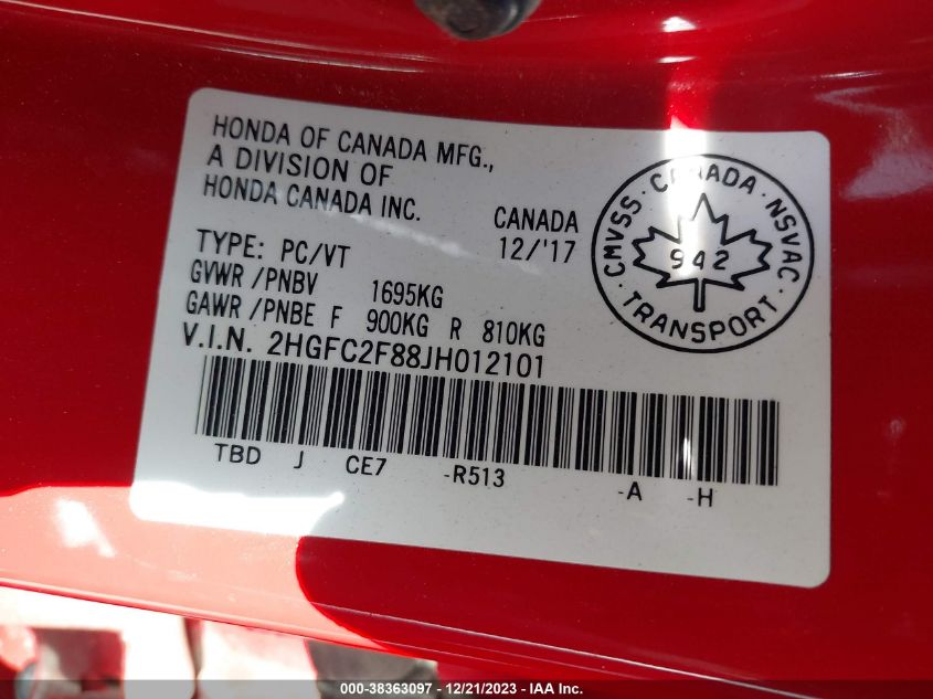 2018 HONDA CIVIC EX - 2HGFC2F88JH012101