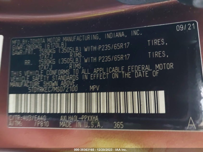 VIN 5TDYRKEC7MS072100 2021 TOYOTA SIENNA XLE