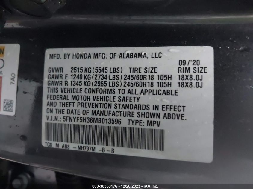 2021 HONDA PILOT EX - 5FNYF5H36MB013596