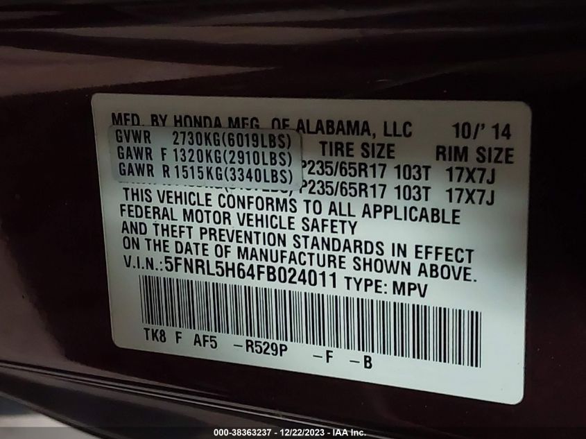2015 HONDA ODYSSEY EXL - 5FNRL5H64FB024011