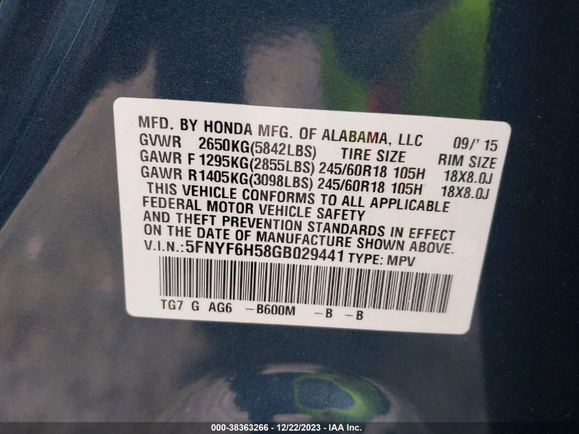 2016 HONDA PILOT EXL - 5FNYF6H58GB029441