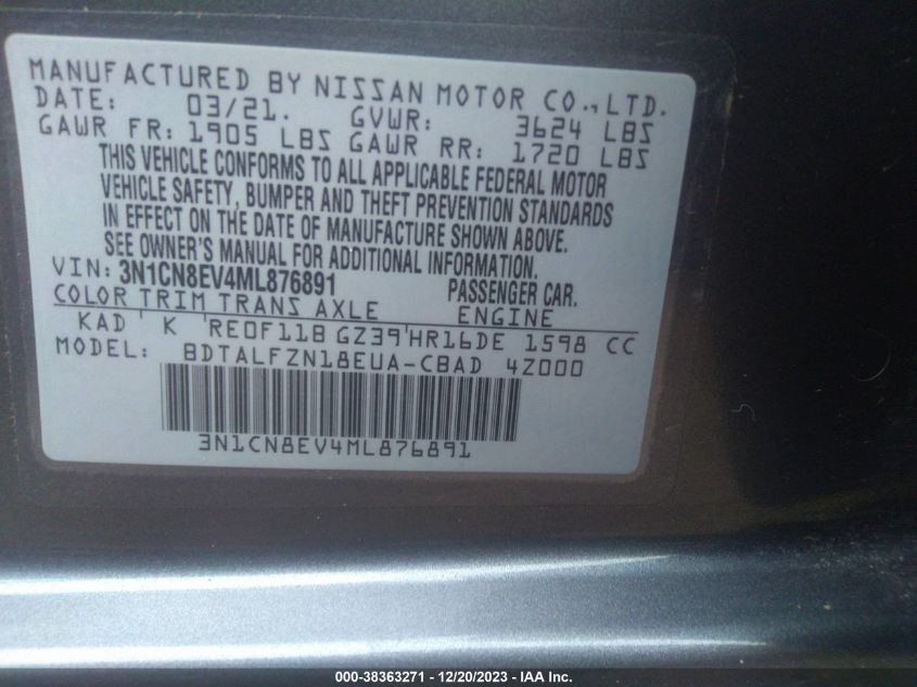 2021 NISSAN VERSA SV XTRONIC CVT - 3N1CN8EV4ML876891