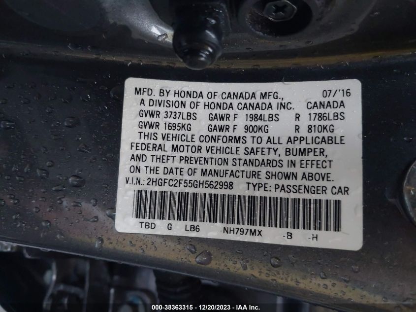 2016 HONDA CIVIC LX - 2HGFC2F55GH562998
