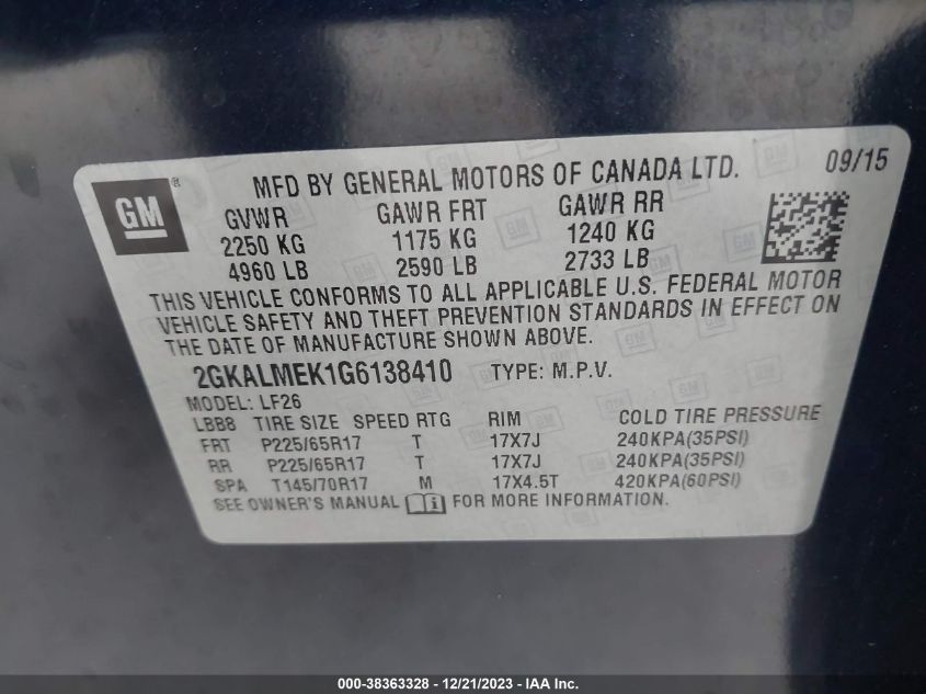 2016 GMC TERRAIN SLE - 2GKALMEK1G6138410