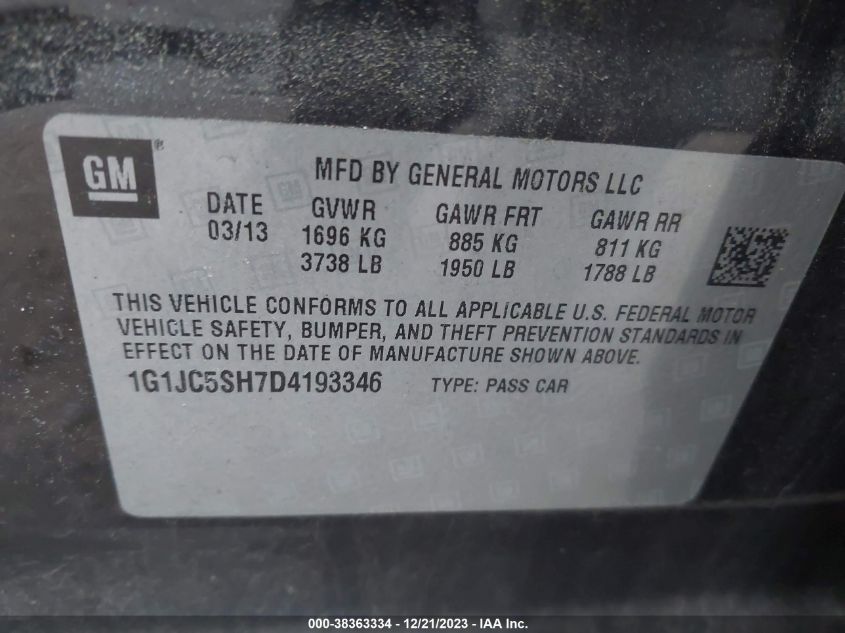 2013 CHEVROLET SONIC LT AUTO - 1G1JC5SH7D4193346