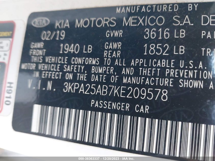 2019 KIA RIO 5-DOOR S - 3KPA25AB7KE209578