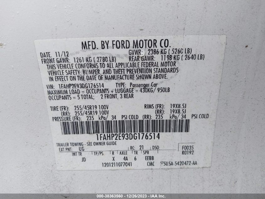 2013 FORD TAURUS SEL - 1FAHP2E93DG176514