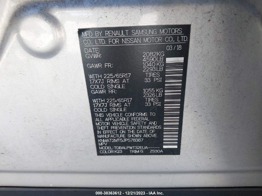2018 NISSAN ROGUE S/SV - KNMAT2MT5JP578387