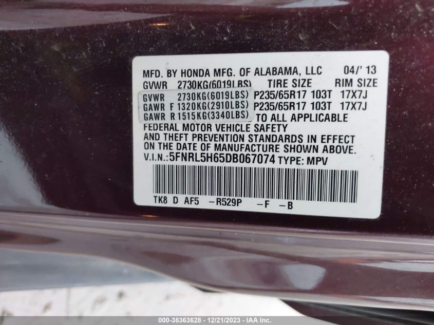 2013 HONDA ODYSSEY EXL - 5FNRL5H65DB067074