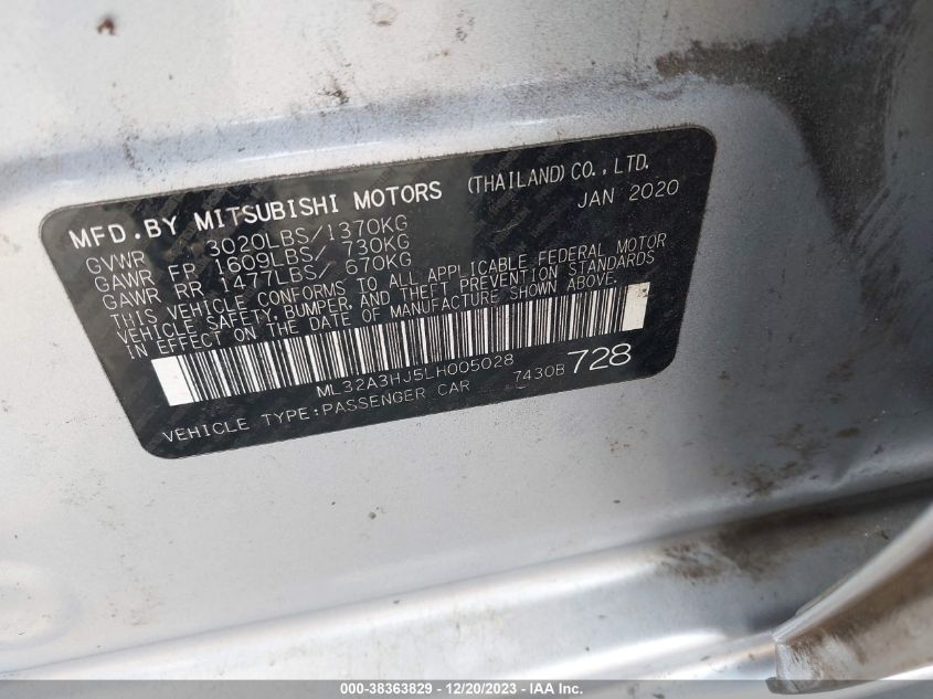 VIN ML32A3HJ5LH005028 2020 MITSUBISHI MIRAGE SE