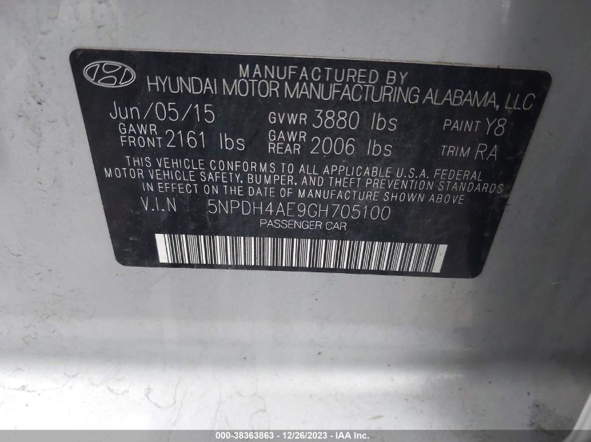 5NPDH4AE9GH705100 | 2016 HYUNDAI ELANTRA