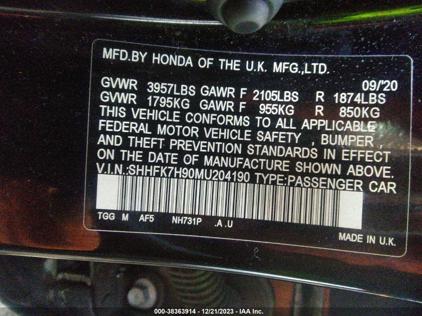 2021 HONDA CIVIC SPORT TOURING - SHHFK7H90MU204190