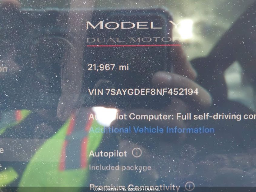 2022 TESLA MODEL Y - 7SAYGDEF8NF452194