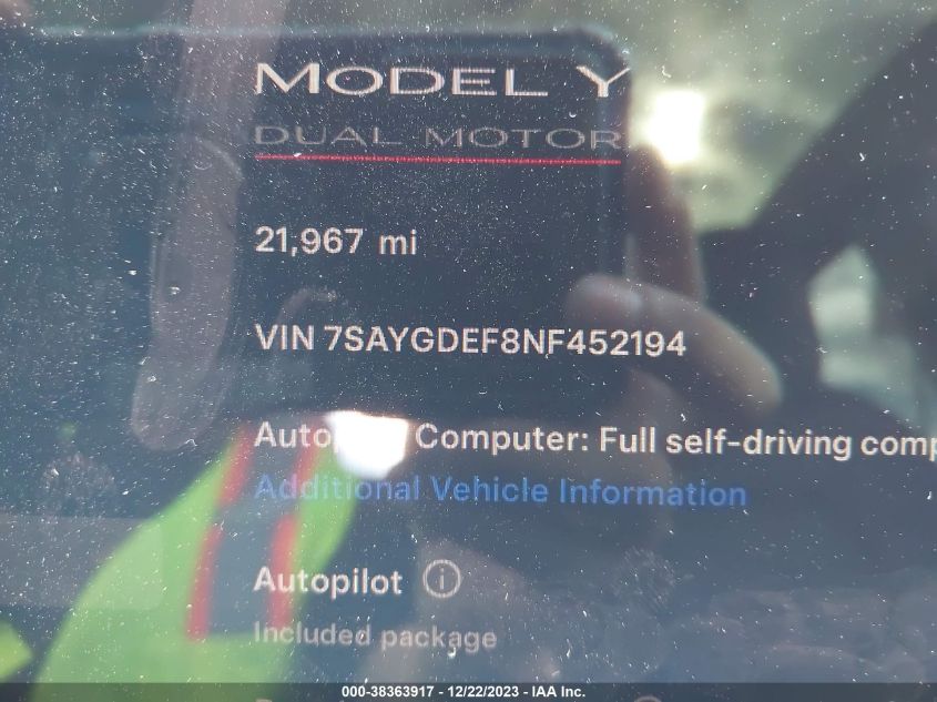 2022 TESLA MODEL Y - 7SAYGDEF8NF452194