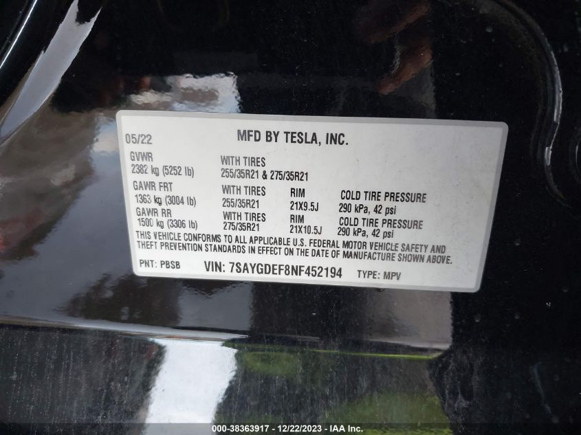 2022 TESLA MODEL Y - 7SAYGDEF8NF452194