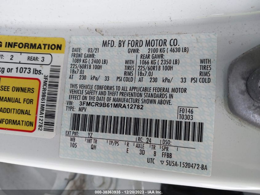 2021 FORD BRONCO SPORT BIG BEND 3FMCR9B61MRA12782