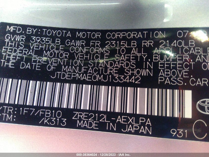 2021 TOYOTA COROLLA LE - JTDEPMAE0MJ133442