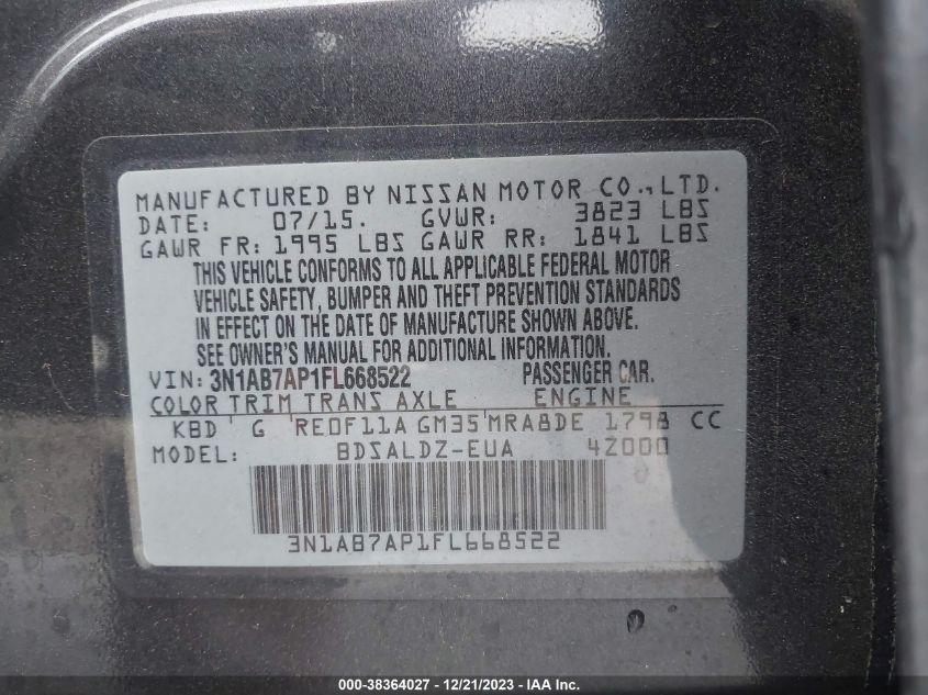 2015 NISSAN SENTRA S/SV/SR/SL - 3N1AB7AP1FL668522