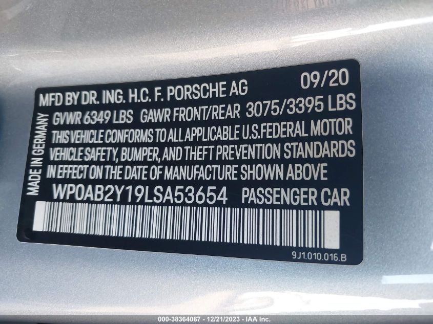 2020 PORSCHE TAYCAN 4S - WP0AB2Y19LSA53654