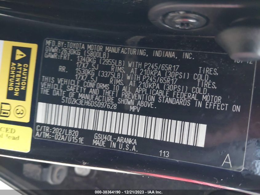 2013 TOYOTA HIGHLANDER PLUS/SE - 5TDZK3EH6DS097628