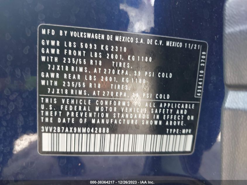 2022 VOLKSWAGEN TIGUAN SE - 3VV2B7AX9NM042888
