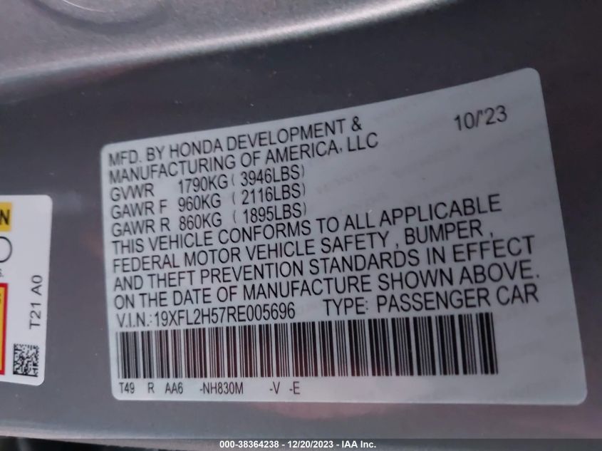 2024 HONDA CIVIC LX VIN: 19XFL2H57RE005696