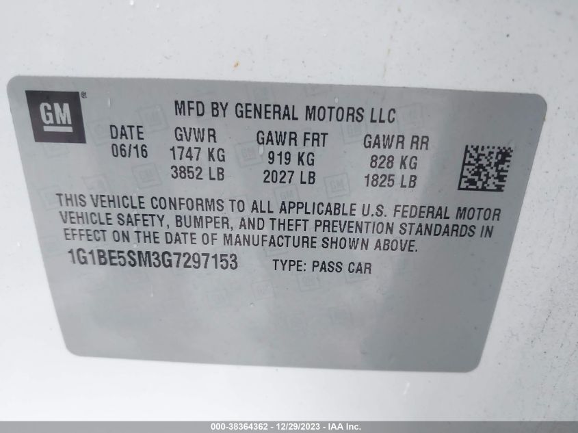 2016 CHEVROLET CRUZE LT AUTO - 1G1BE5SM3G7297153