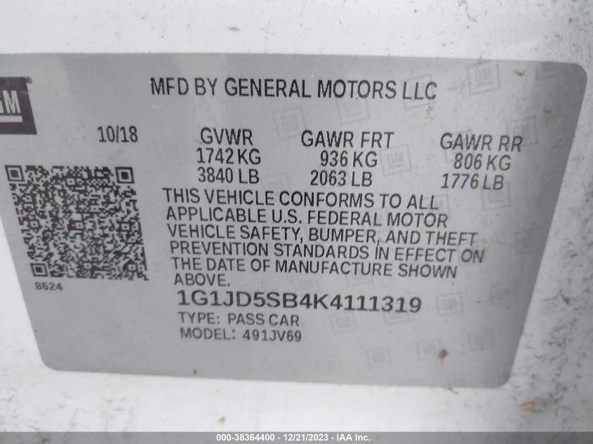 2019 CHEVROLET SONIC LT AUTO - 1G1JD5SB4K4111319