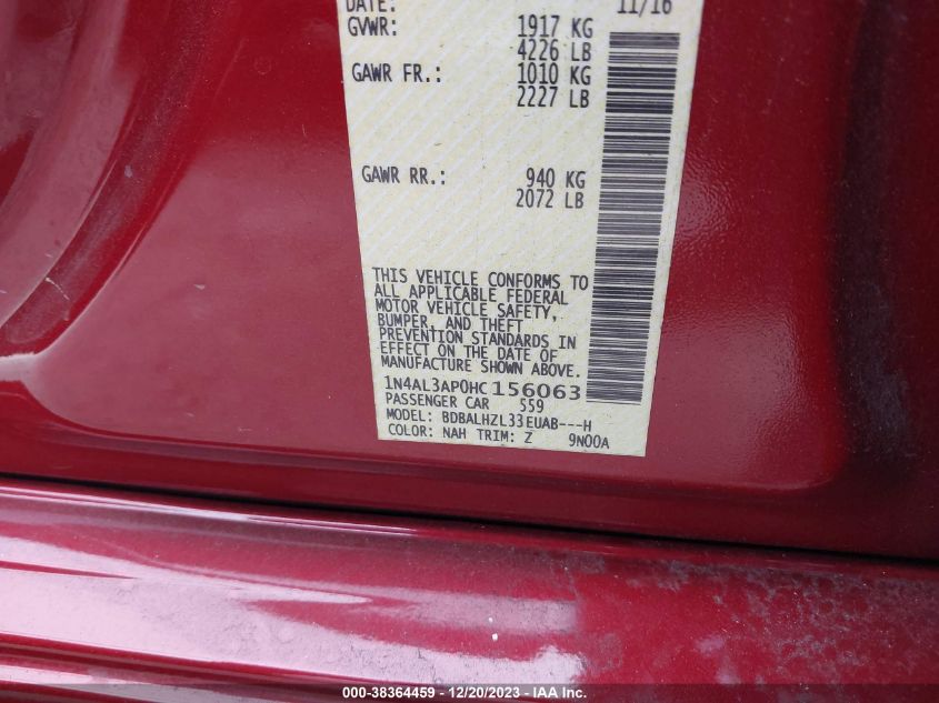 2017 NISSAN ALTIMA 2.5 SR - 1N4AL3AP0HC156063