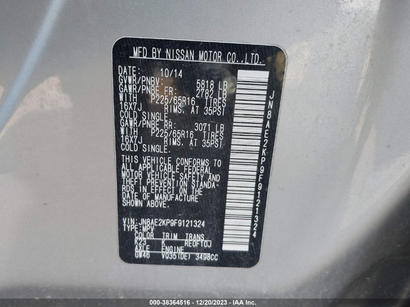 2015 NISSAN QUEST S/SV/SL/PLATINUM - JN8AE2KP9F9121324