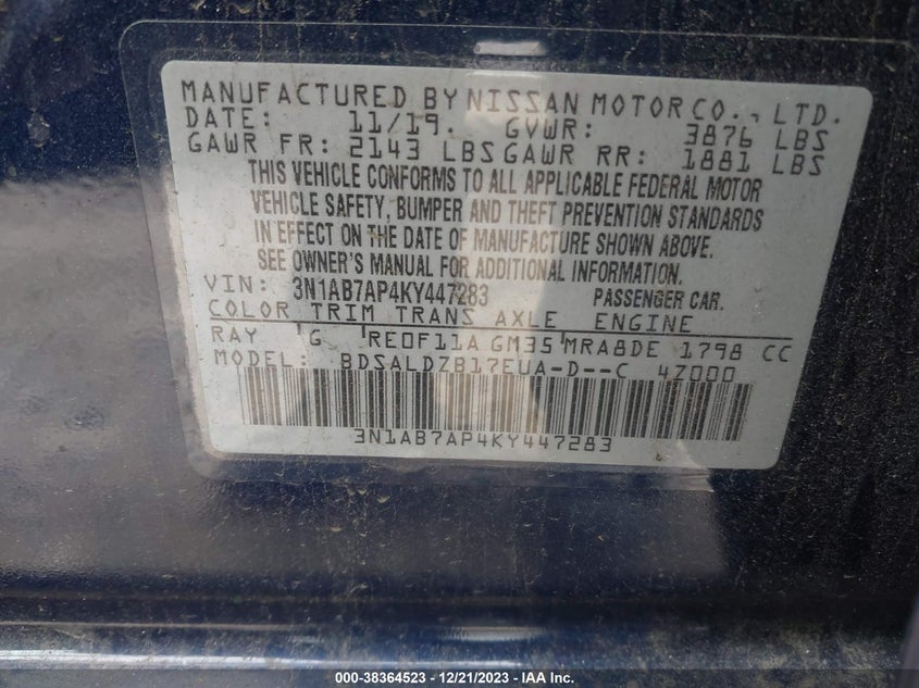 VIN 3N1AB7AP4KY447283 2019 NISSAN SENTRA S/SV/SR/SL