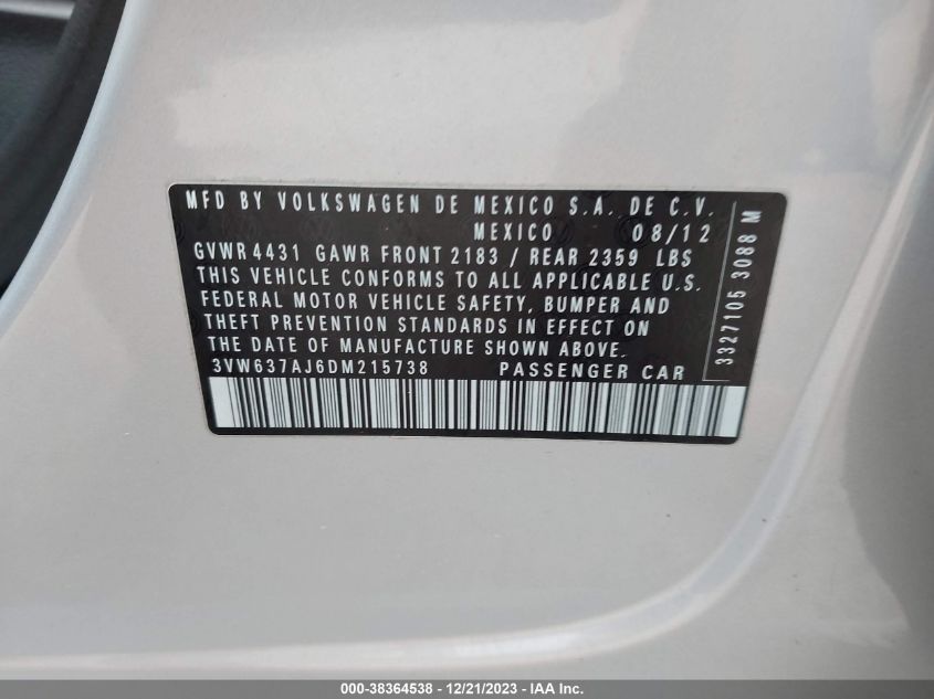 2013 VOLKSWAGEN JETTA HYBRID SEL 3VW637AJ6DM215738