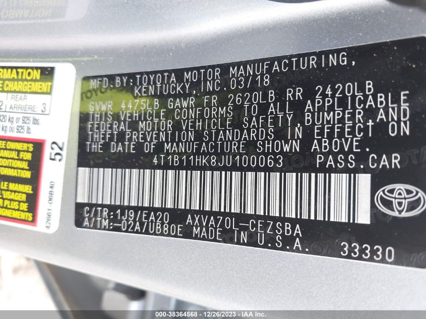 2018 TOYOTA CAMRY L/LE/XLE/SE/XSE - 4T1B11HK8JU100063