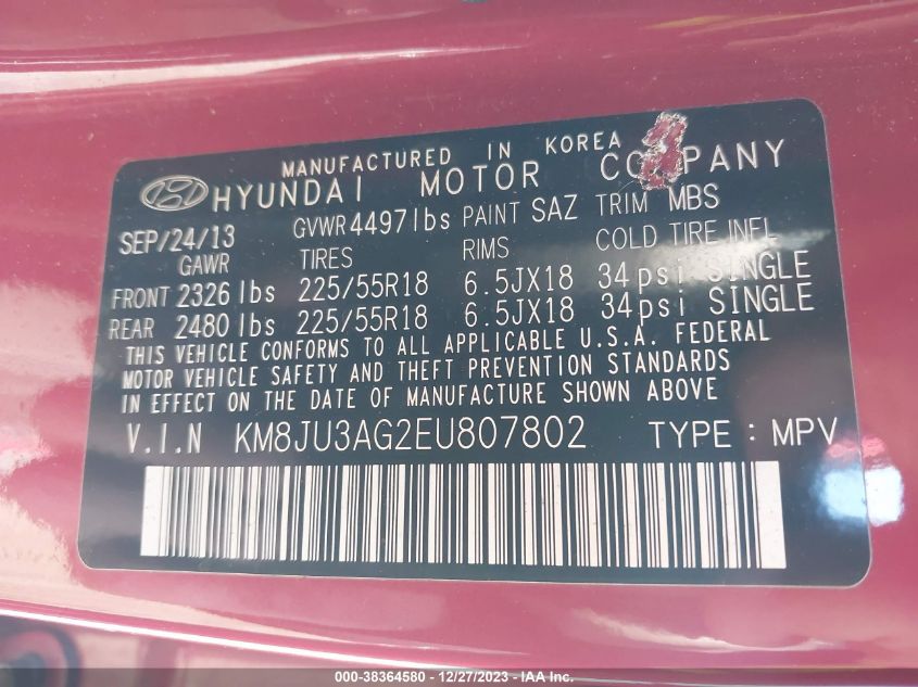 2014 HYUNDAI TUCSON LIMITED - KM8JU3AG2EU807802