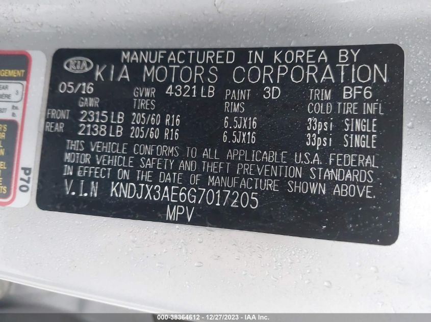 2016 KIA SOUL EV + KNDJX3AE6G7017205