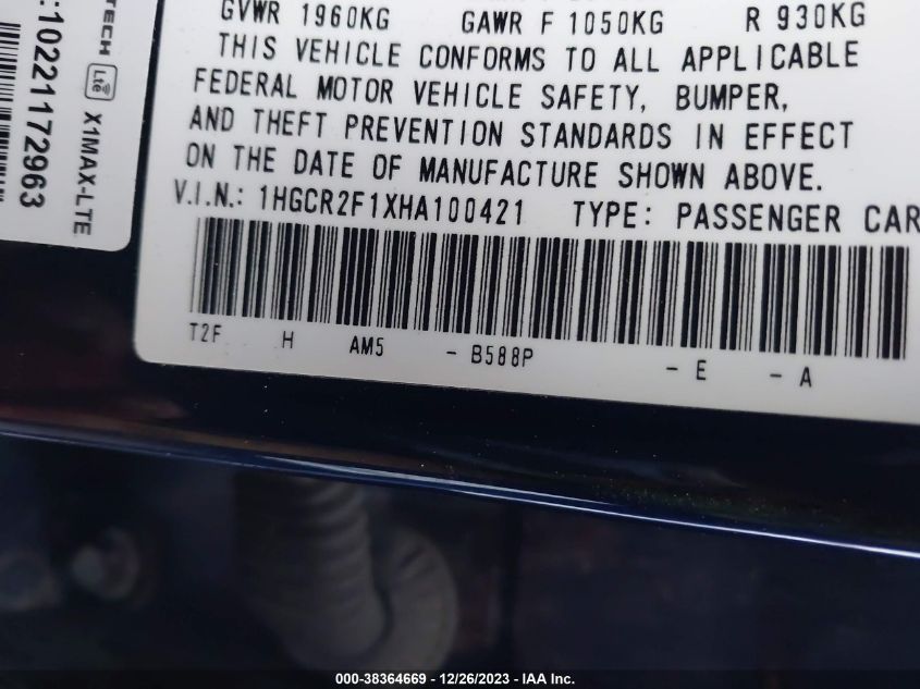 2017 HONDA ACCORD SPORT SE - 1HGCR2F1XHA100421