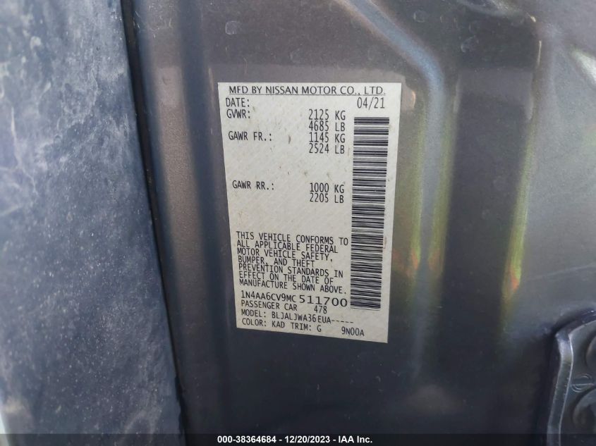 2021 NISSAN MAXIMA SV XTRONIC CVT - 1N4AA6CV9MC511700