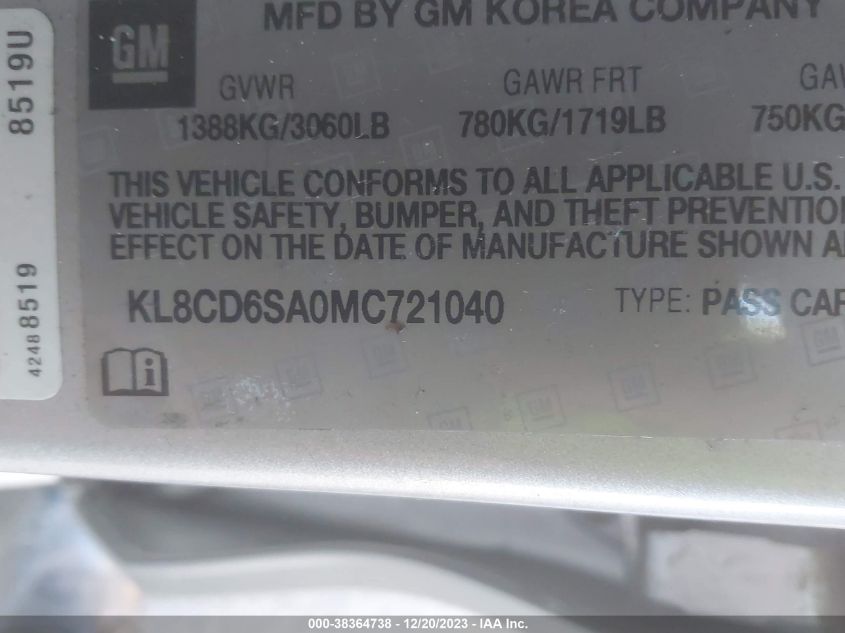 2021 CHEVROLET SPARK FWD 1LT AUTOMATIC - KL8CD6SA0MC721040