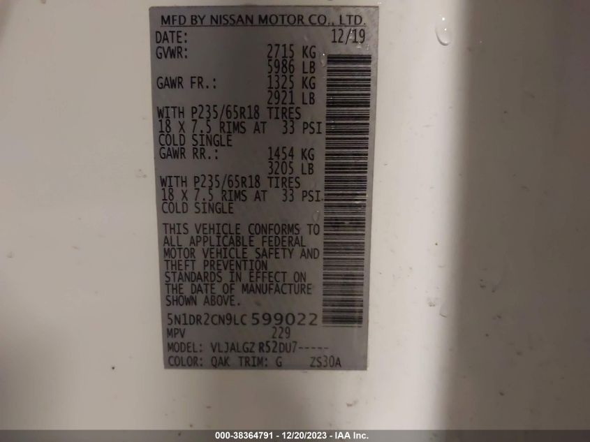 2020 NISSAN PATHFINDER SL 2WD - 5N1DR2CN9LC599022