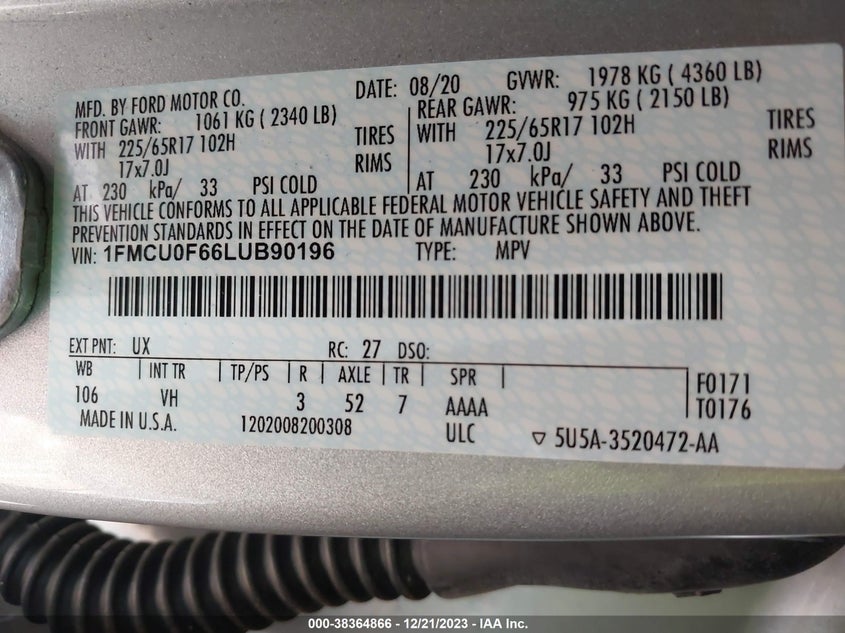 VIN 1FMCU0F66LUB90196 2020 FORD ESCAPE S