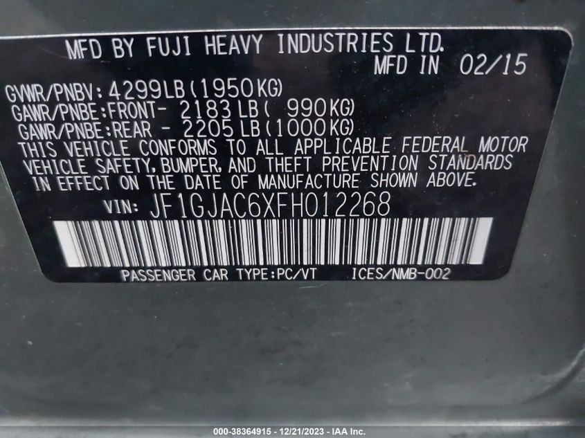 2015 SUBARU IMPREZA 2.0I PREMIUM - JF1GJAC6XFH012268