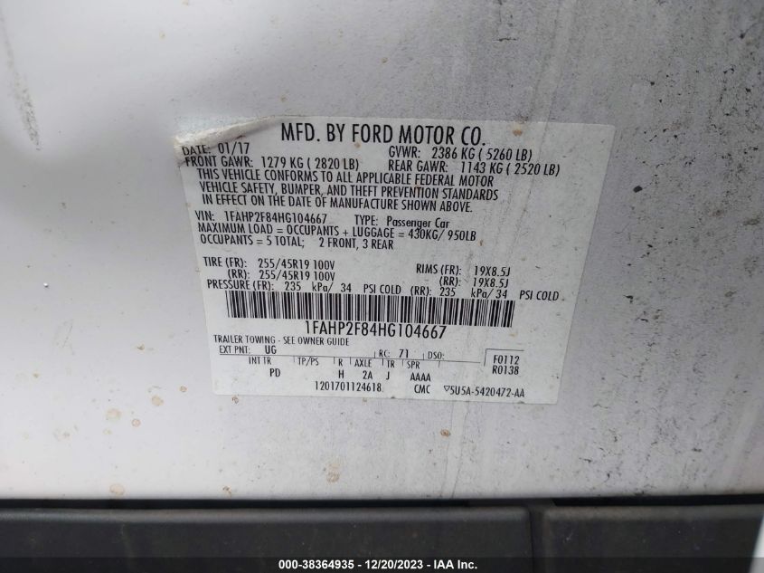 VIN 1FAHP2F84HG104667 2017 FORD TAURUS LIMITED