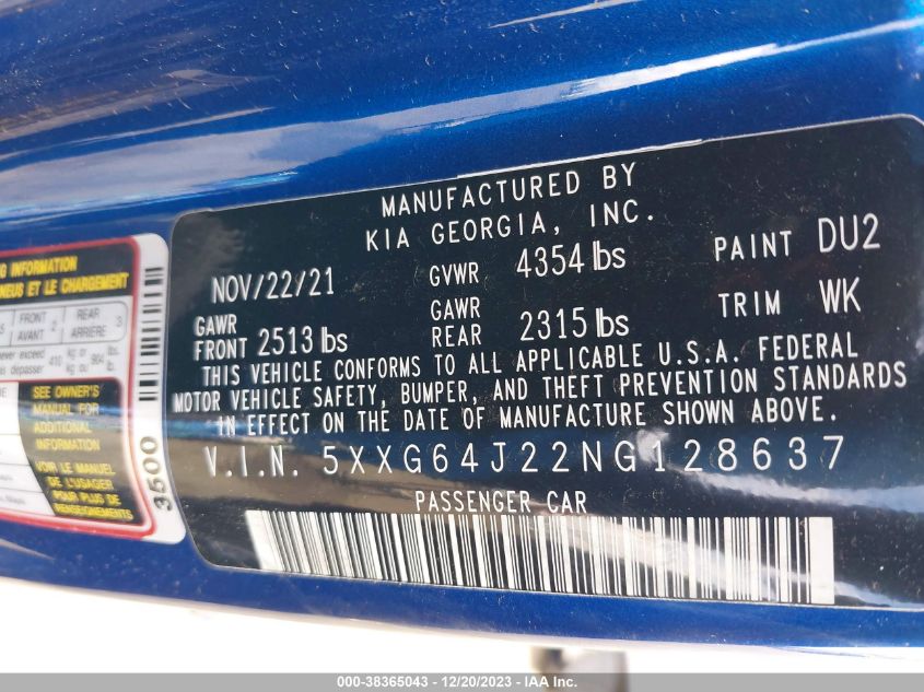 2022 KIA K5 GT-LINE - 5XXG64J22NG128637