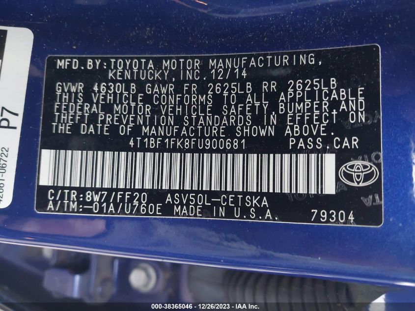 2015 TOYOTA CAMRY SE - 4T1BF1FK8FU900681