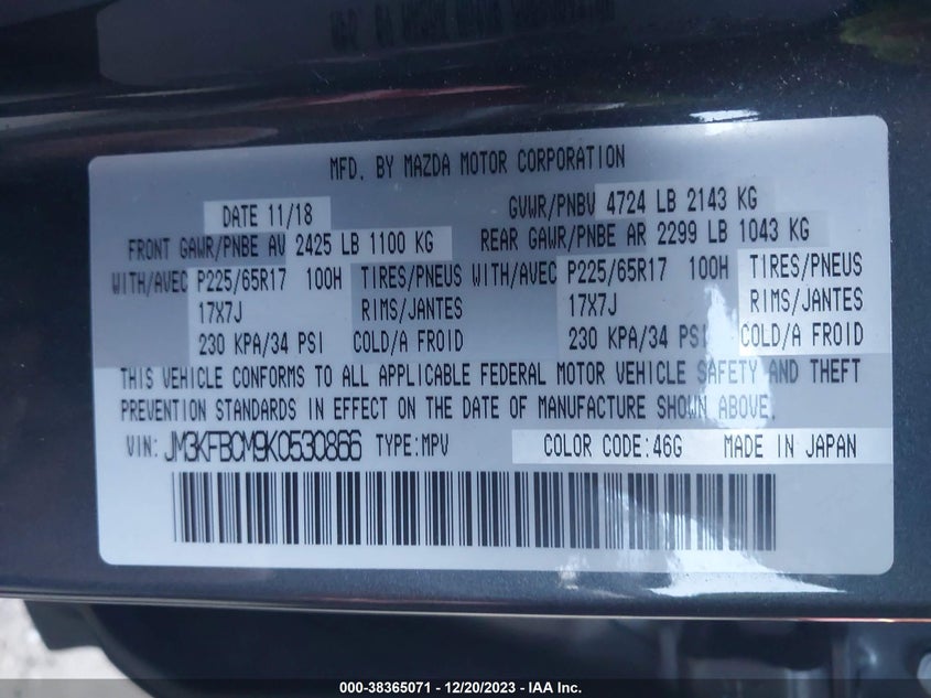 VIN JM3KFBCM9K0530866 2019 MAZDA CX-5 TOURING