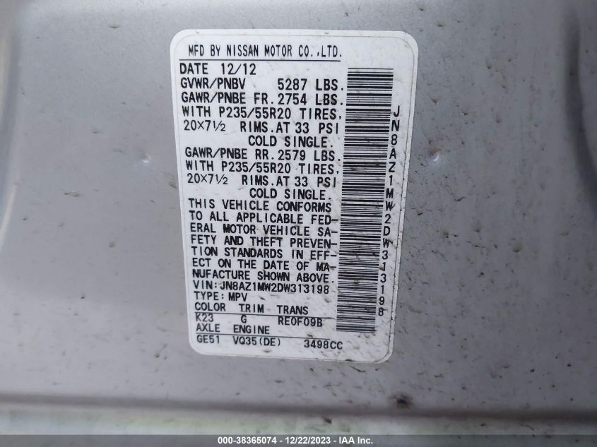 2013 NISSAN MURANO S/SL/LE - JN8AZ1MW2DW313198