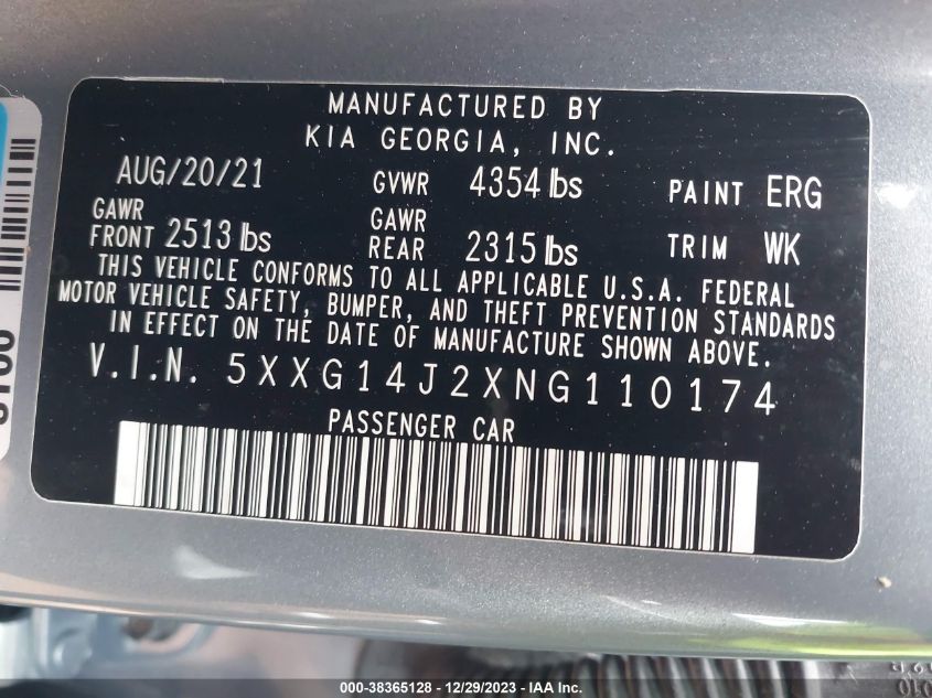 2022 KIA K5 LXS - 5XXG14J2XNG110174
