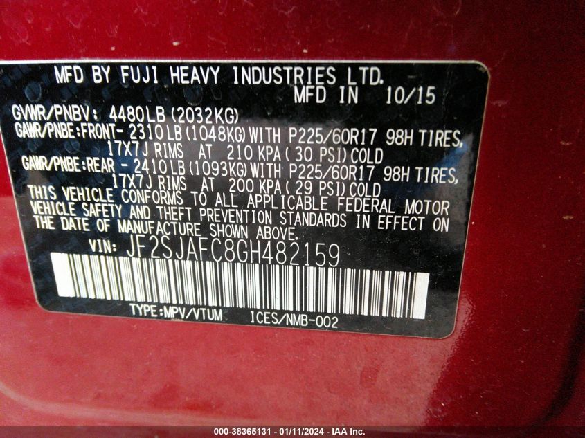 2016 SUBARU FORESTER 2.5I PREMIUM - JF2SJAFC8GH482159