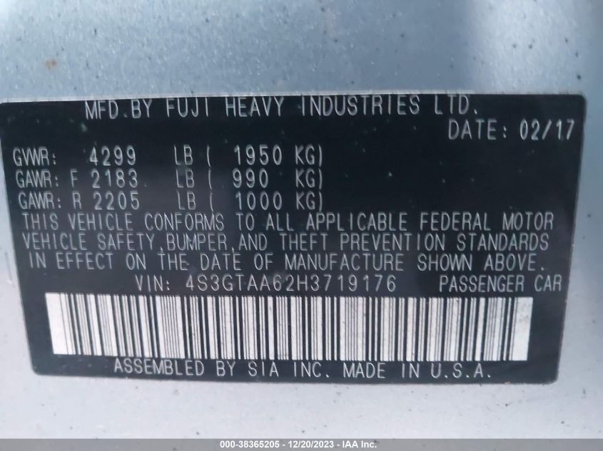 2017 SUBARU IMPREZA 2.0I - 4S3GTAA62H3719176